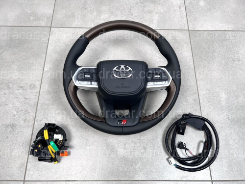 Руль с подогревом с темным деревом в сборе Toyota Land Cruiser 200 / Prado 150 в стиле LC 300 GR артикул 8251